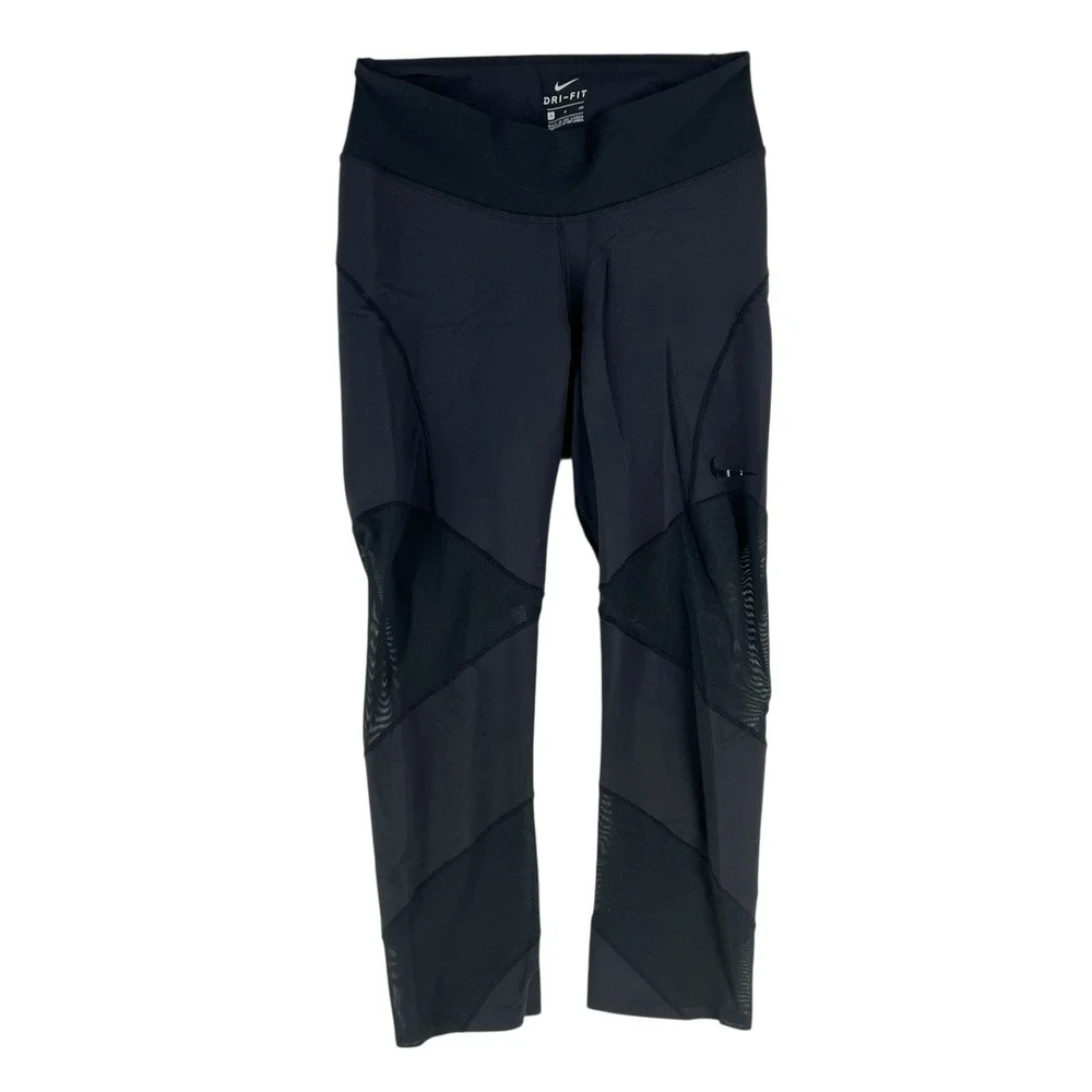 Nike Dri-Fit Womens Cropped Legging Mesh Cutouts‎ Size S Black Mid Rise Stretch
